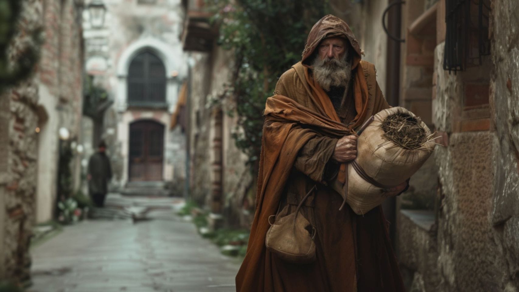 Recreación de un monje transportando un fardo de tabaco 