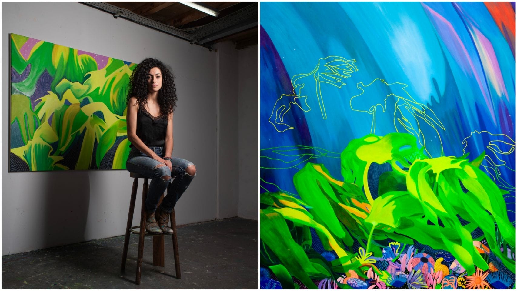 Elena Alonso en su estudio y la obra "Kelp forest II".